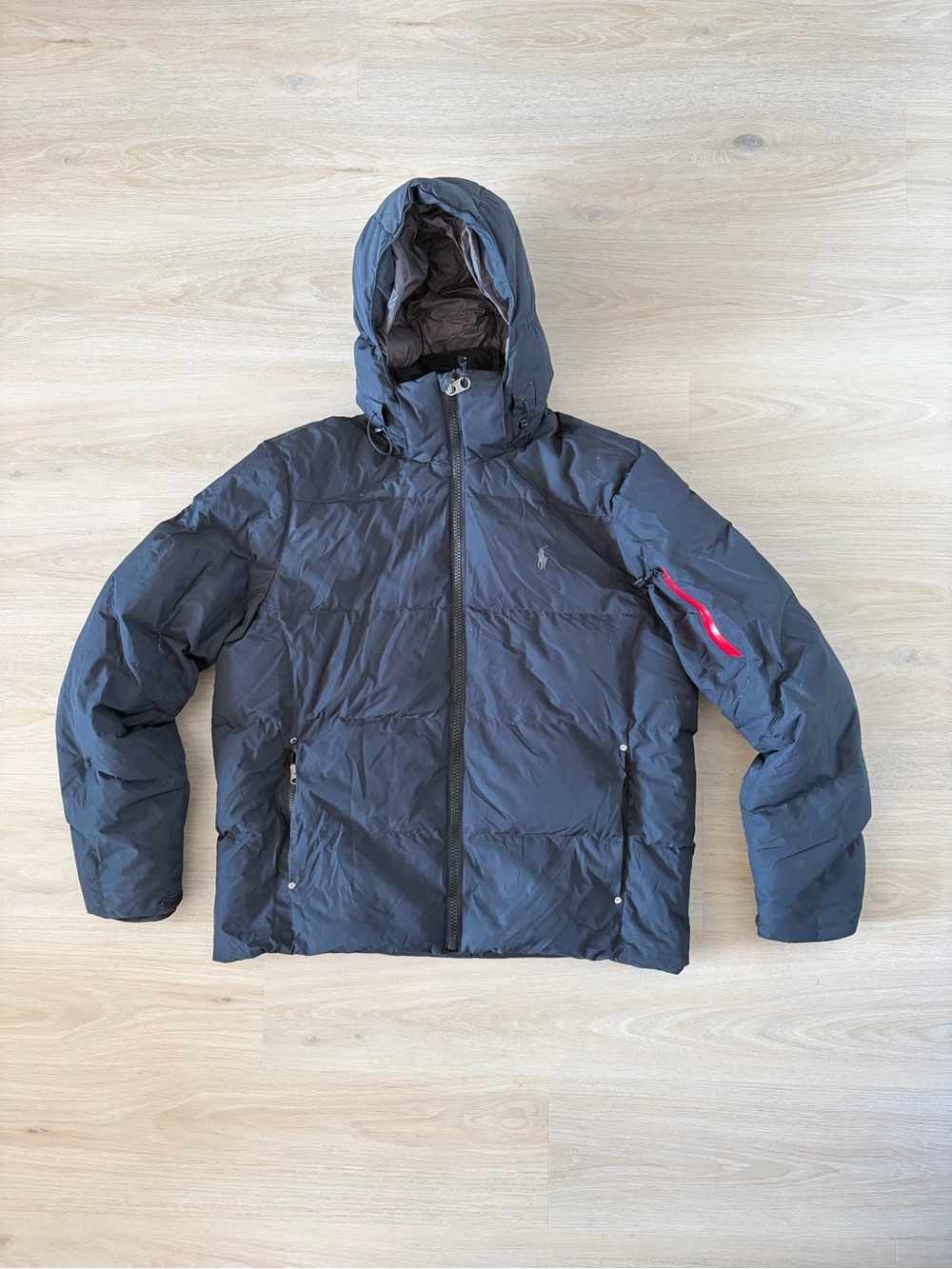 Ralph Lauren Navy Hooded Puffer Jacket with Red Zip Accent Size L